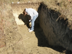 student identifying soil types in pit